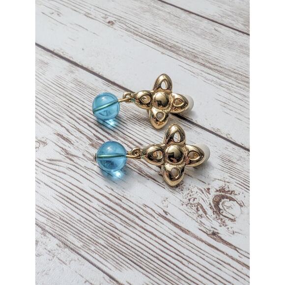 Vintage Givenchy Clip On Earrings - Gold Tone & Blue Dangle - Picture 3 of 7